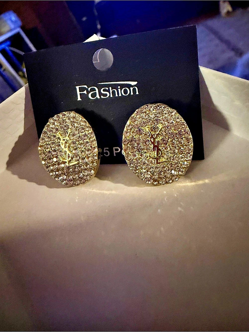 Rhinestone Oval Stud Earrings in Gold & Silver Tones, New
